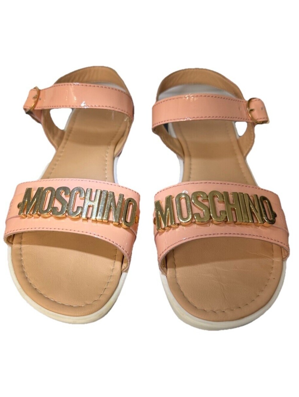 MOSCHINO Pink Patent Leather Sandals Gold Logo Lettering Heart Sole EU 35 US 5